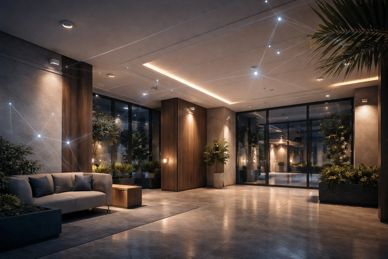 Calm, modern building lobby with subtle security and network technology, representing the digital concierge service.